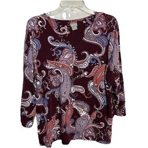 Chicos 2 Large 12-14 Burgundy Floral Paisley Artsy V-neck‎ 3/4 Sleeve Blouse Top